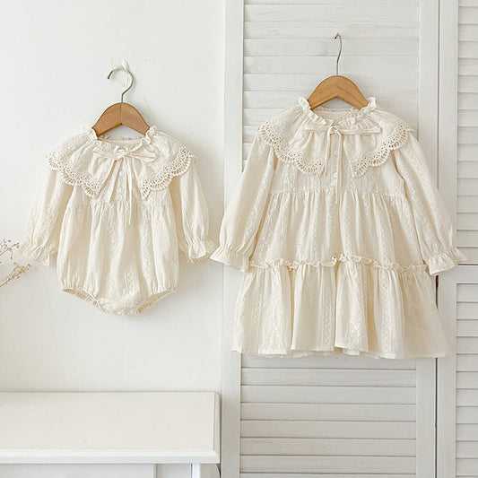 Design Autumn Floral Embroidery Pattern Baby Kids Girls Bow-Tied Collar Onesies And Dress – Princess Sister Matching Set-0