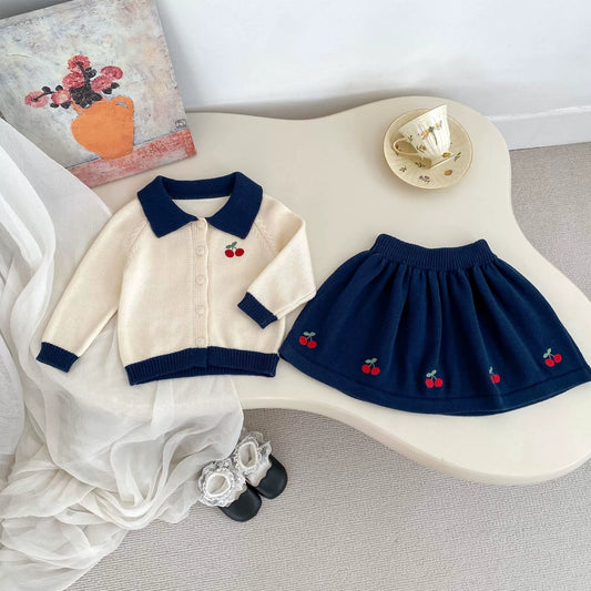 Spring and Autumn Kids Girls Cherry Embroidered Pattern Long Sleeves Knitted Cardigan and Skirt Clothing Set-0