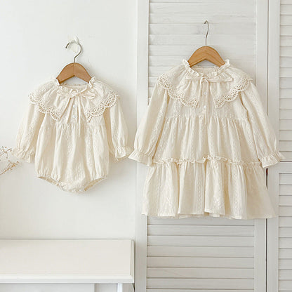 New Design Autumn Floral Embroidery Pattern Baby Kids Girls Bow-Tied Collar Onesies And Dress – Princess Sister Matching Set-0